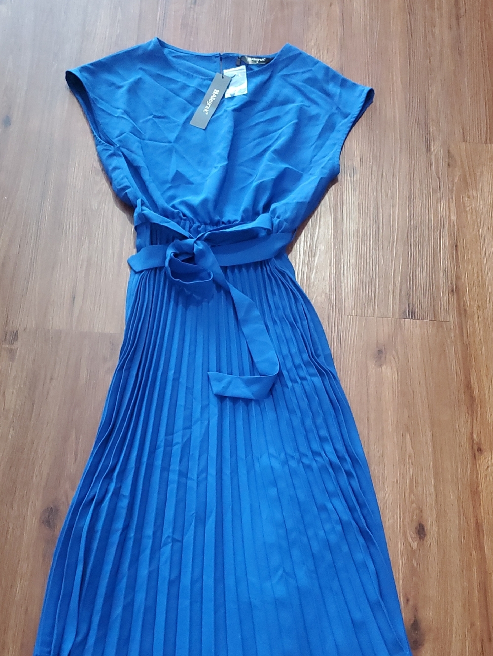 Pleated Belted Midi Dress - Blue